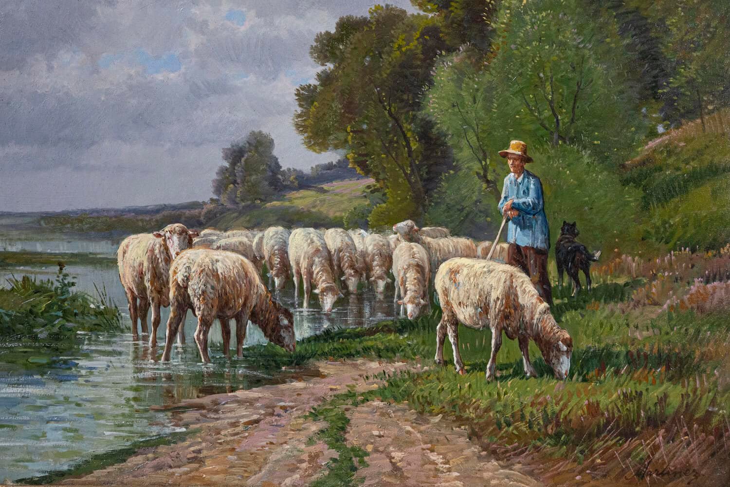 French Barbizon Painting of a Shepherd with His Herd of Sheep, Late 19th Century - JAA