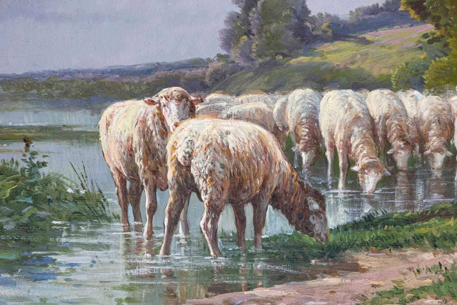 French Barbizon Painting of a Shepherd with His Herd of Sheep, Late 19th Century - JAA
