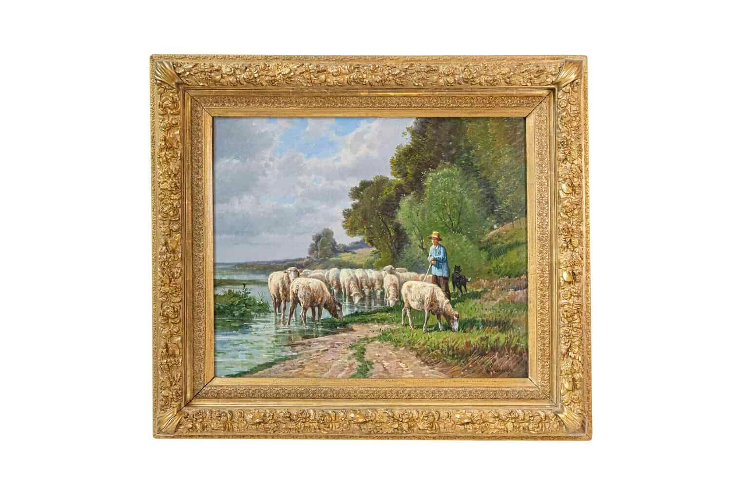 French Barbizon Painting of a Shepherd with His Herd of Sheep, Late 19th Century - JAA