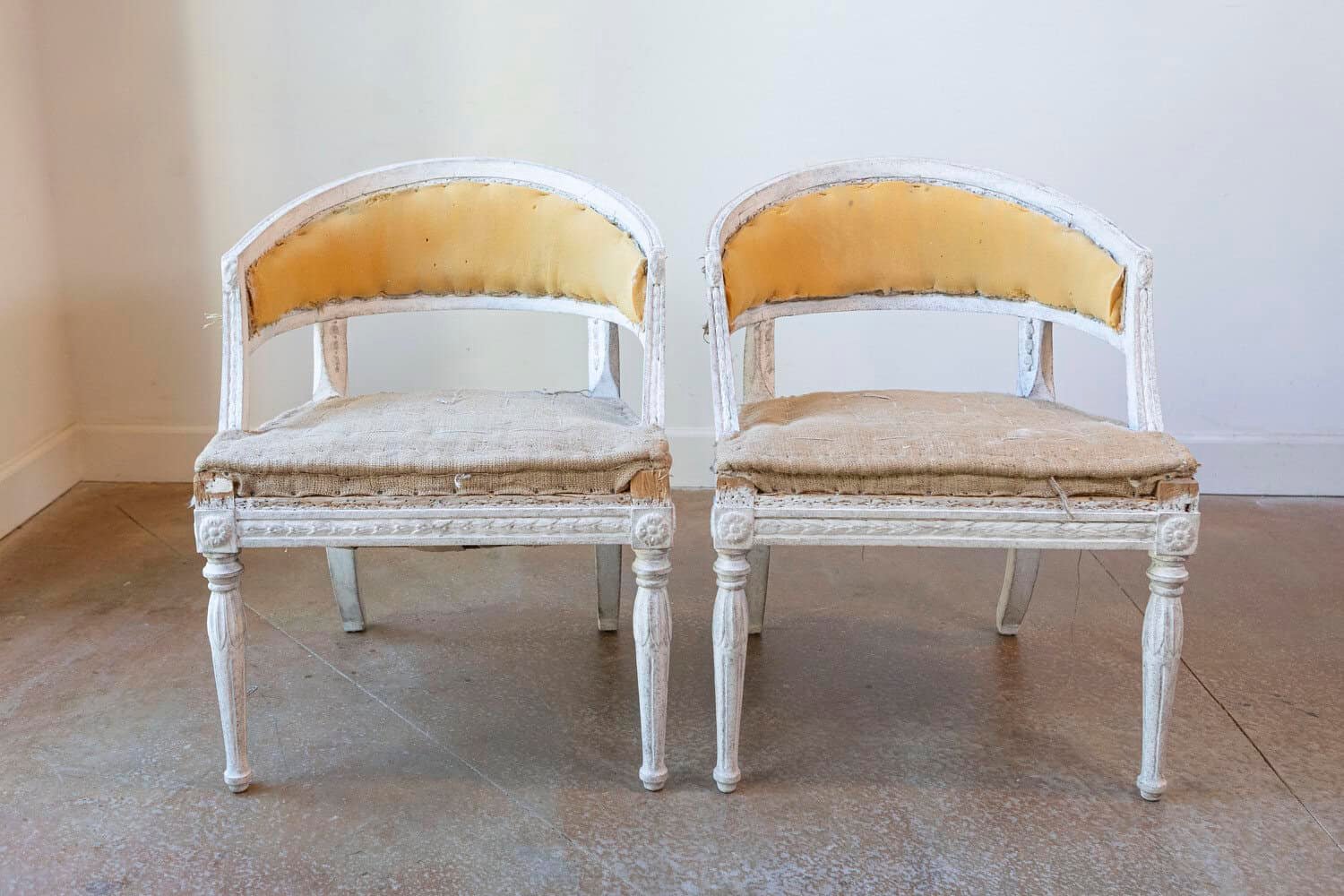 Pair of Swedish Gustavian Style Painted Tub Chairs with Carved Campanula Friezes - JAA