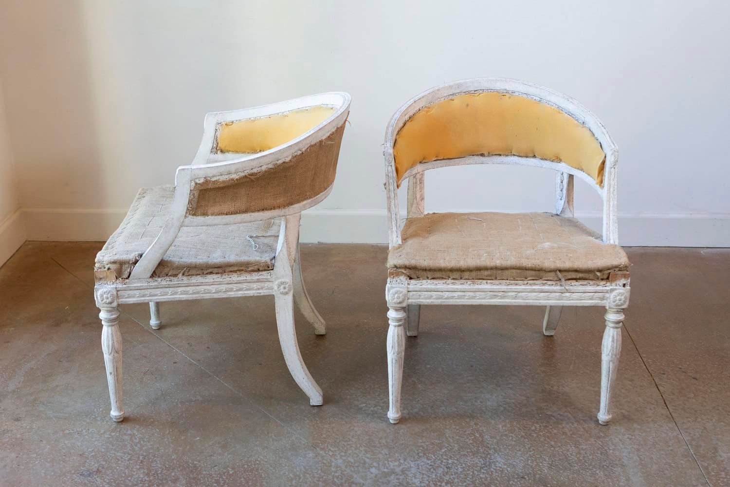 Pair of Swedish Gustavian Style Painted Tub Chairs with Carved Campanula Friezes - JAA