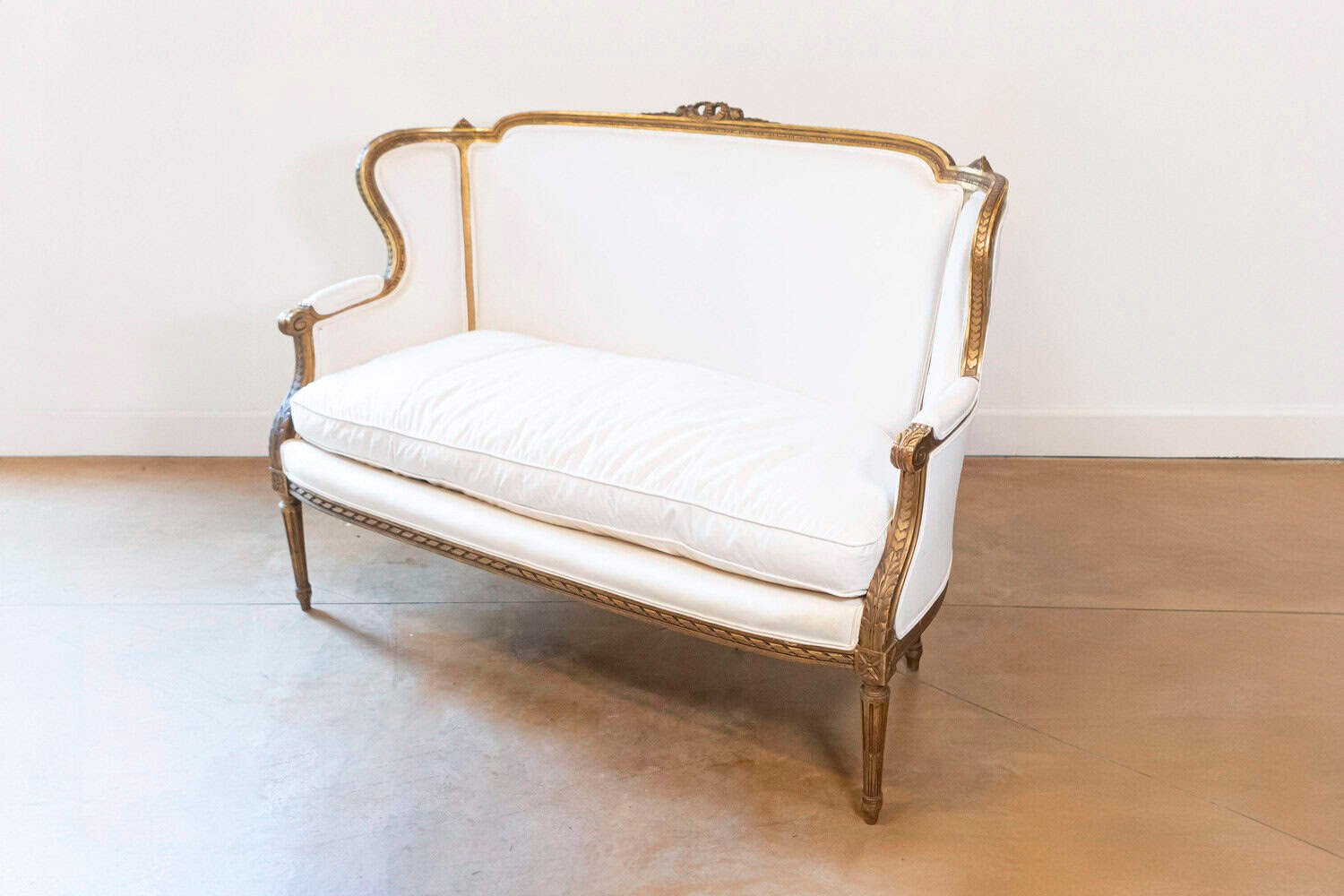 French Louis XVI Style Wingback Settee with Original Gilding and New Fabric - JAA