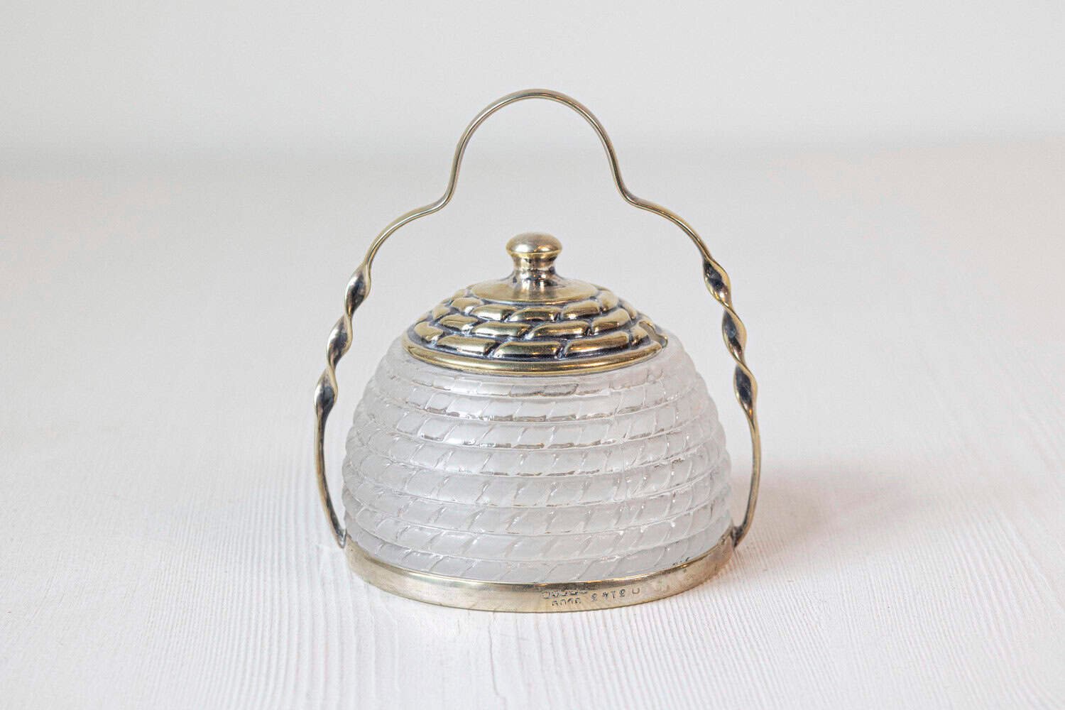 English 20th Century Frosted Glass and Silver Lidded Container with Large Handle - JAA