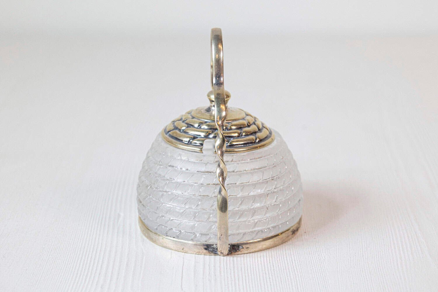 English 20th Century Frosted Glass and Silver Lidded Container with Large Handle - JAA