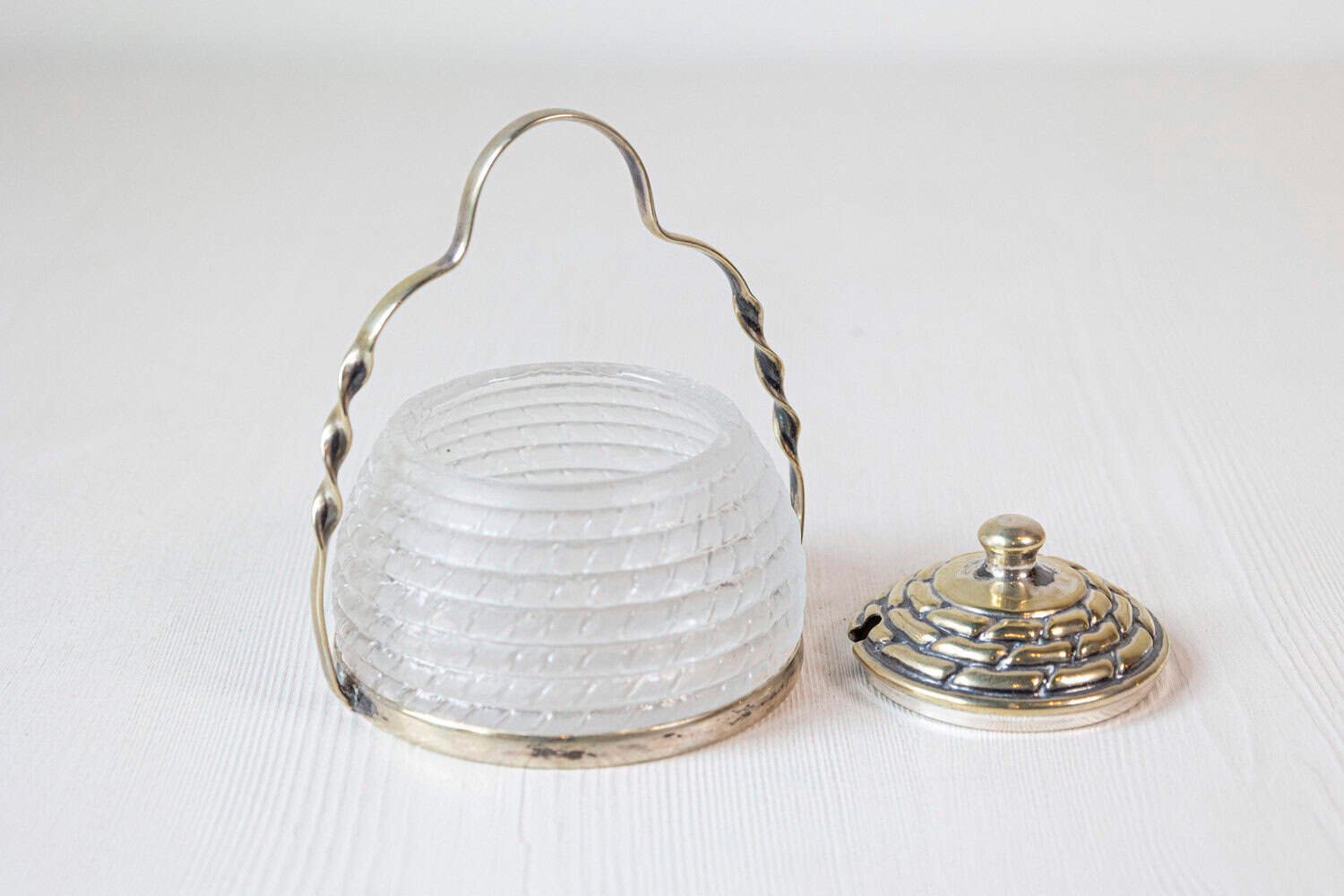 English 20th Century Frosted Glass and Silver Lidded Container with Large Handle - JAA