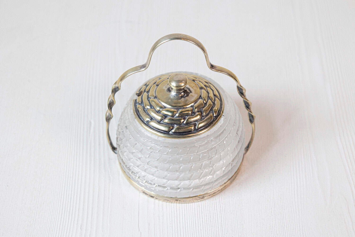 English 20th Century Frosted Glass and Silver Lidded Container with Large Handle - JAA