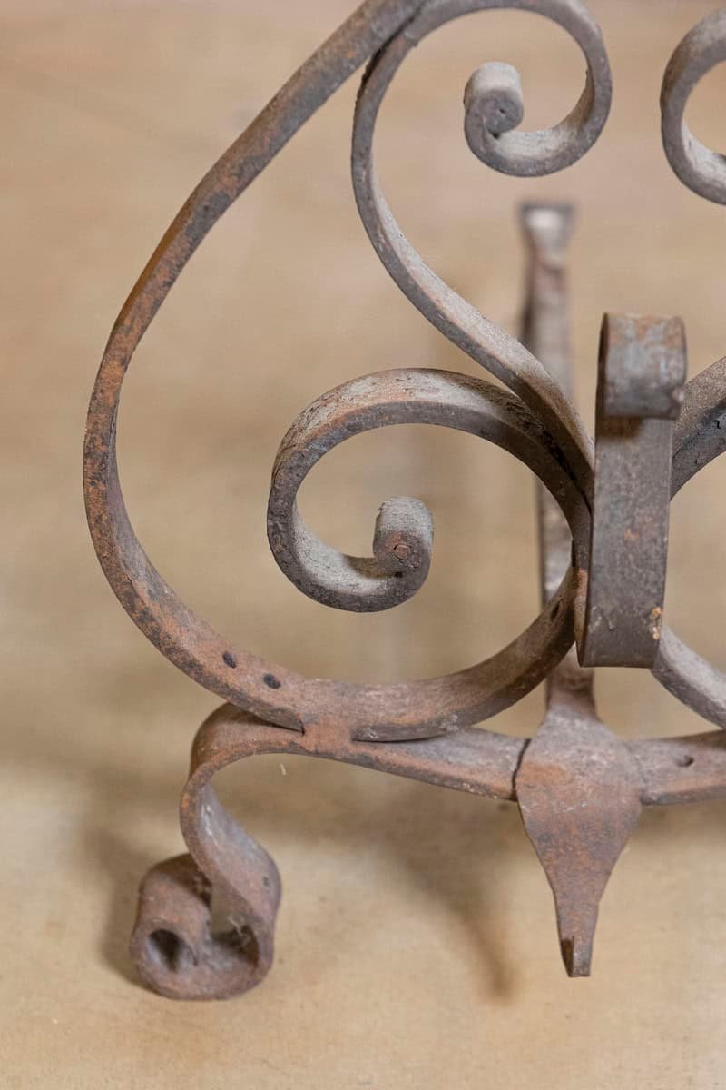 French circa 1860 Pair of Wrought Iron Andirons with Scrollwork and Fleur-de-Lis Motif - JAA