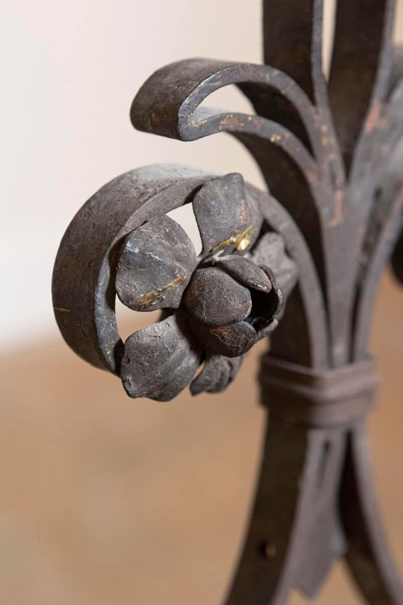 French circa 1860 Pair of Wrought Iron Andirons with Scrollwork and Fleur-de-Lis Motif - JAA