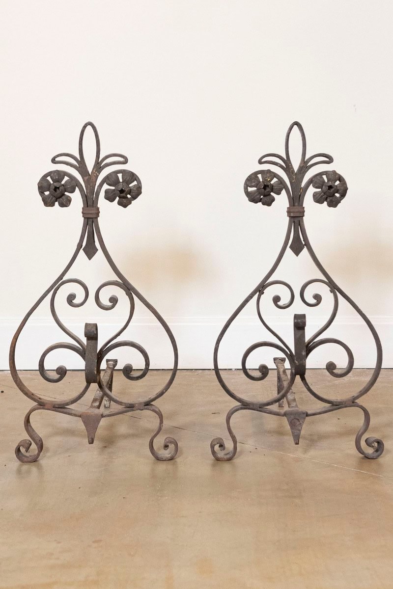 French circa 1860 Pair of Wrought Iron Andirons with Scrollwork and Fleur-de-Lis Motif - JAA