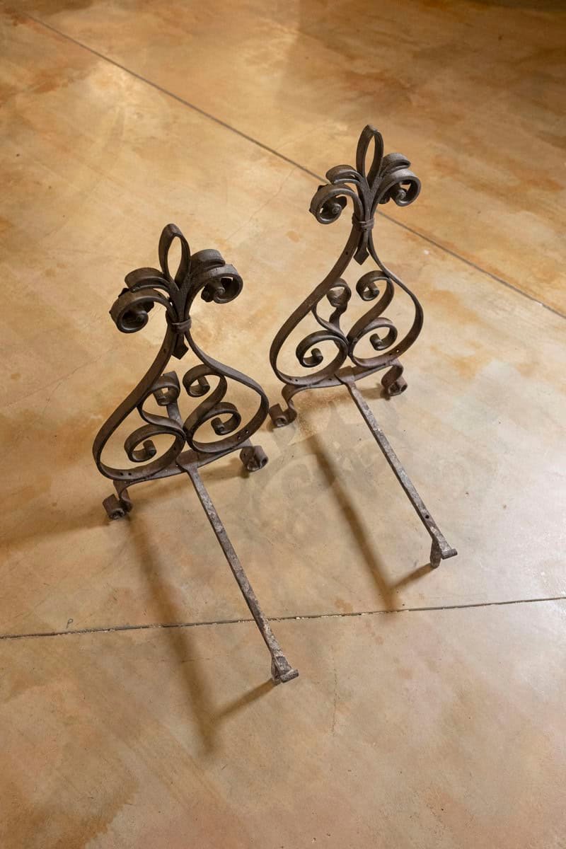 French circa 1860 Pair of Wrought Iron Andirons with Scrollwork and Fleur-de-Lis Motif - JAA
