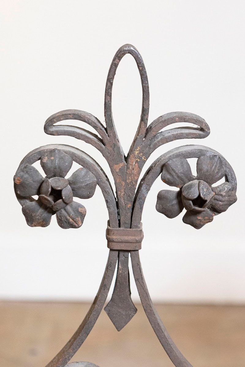 French circa 1860 Pair of Wrought Iron Andirons with Scrollwork and Fleur-de-Lis Motif - JAA