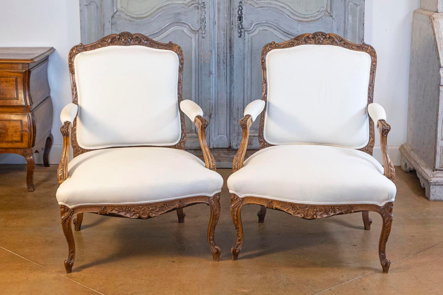 Pair of Italian 19th Century Rococo Style Carved Walnut Upholstered Armchairs - JAA