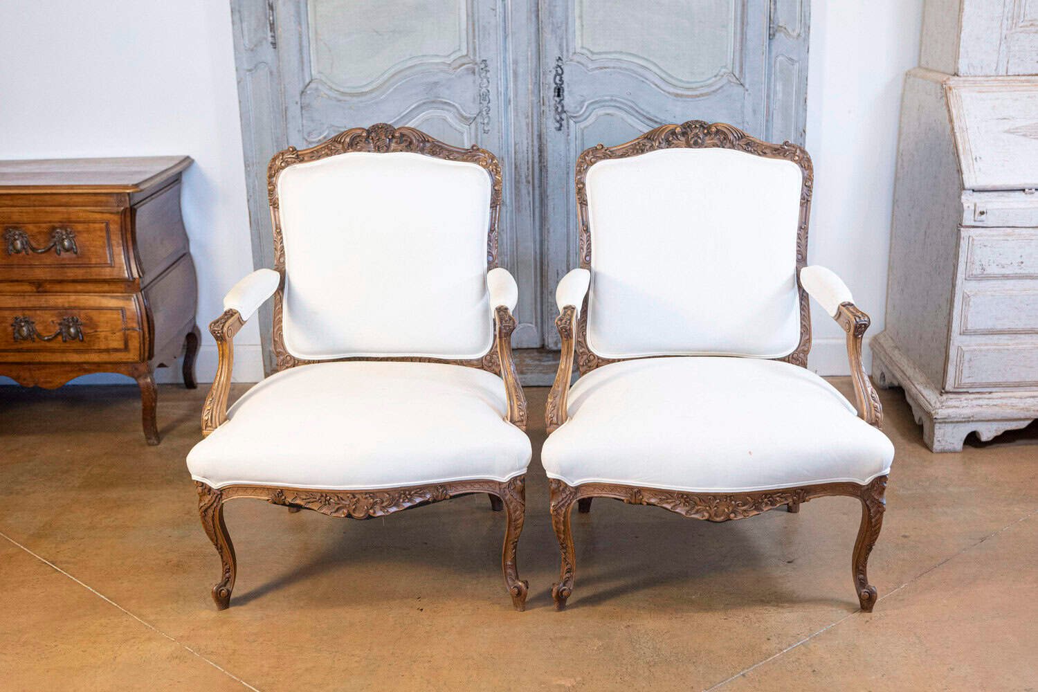 Pair of Italian 19th Century Rococo Style Carved Walnut Upholstered Armchairs - JAA