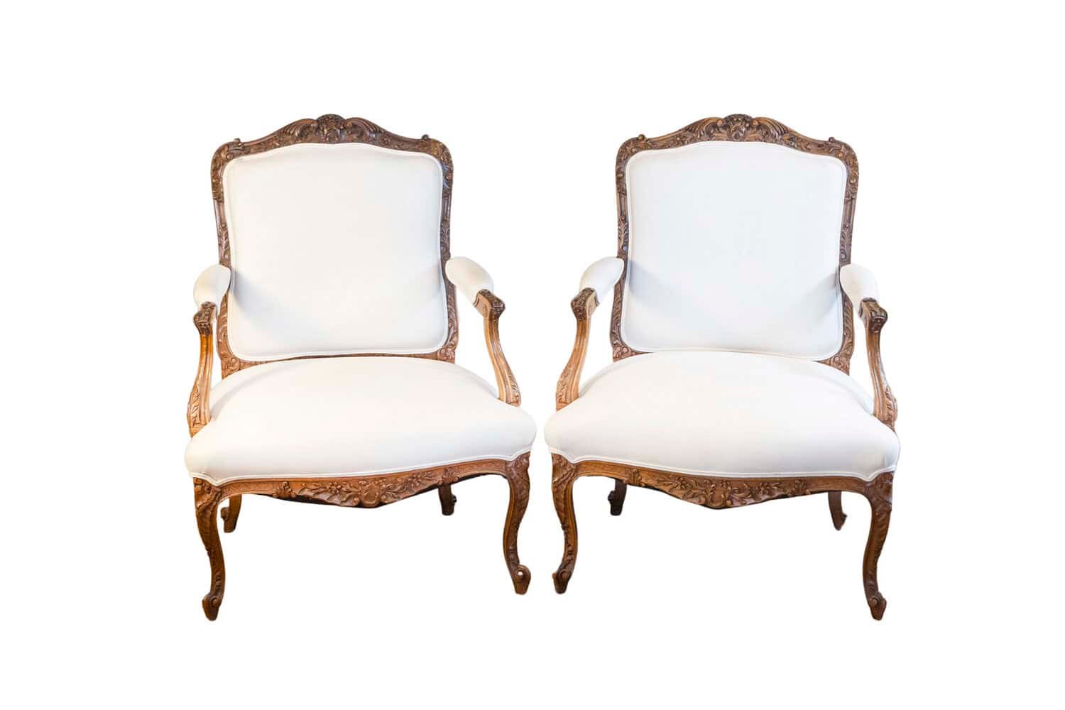 Pair of Italian 19th Century Rococo Style Carved Walnut Upholstered Armchairs