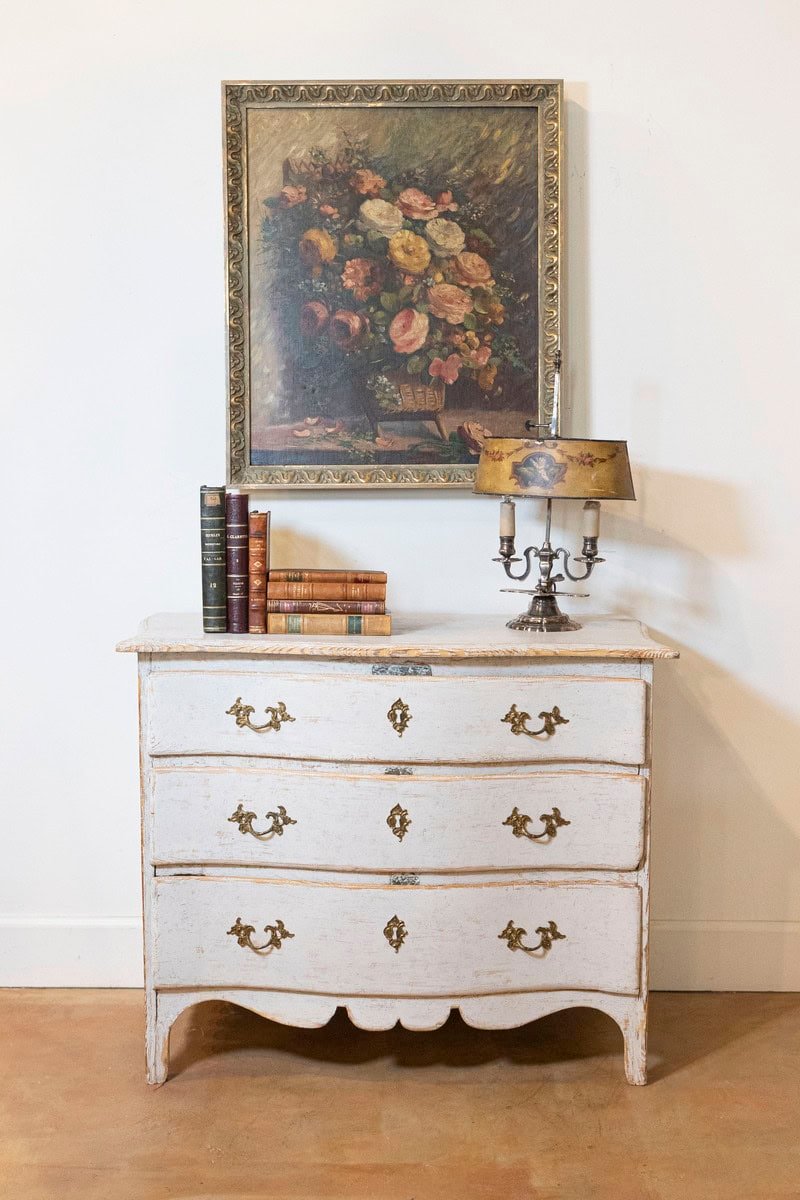 Rococo Period 1770s Swedish Gray Cream Painted and Carved Three-Drawer Commode - JAA