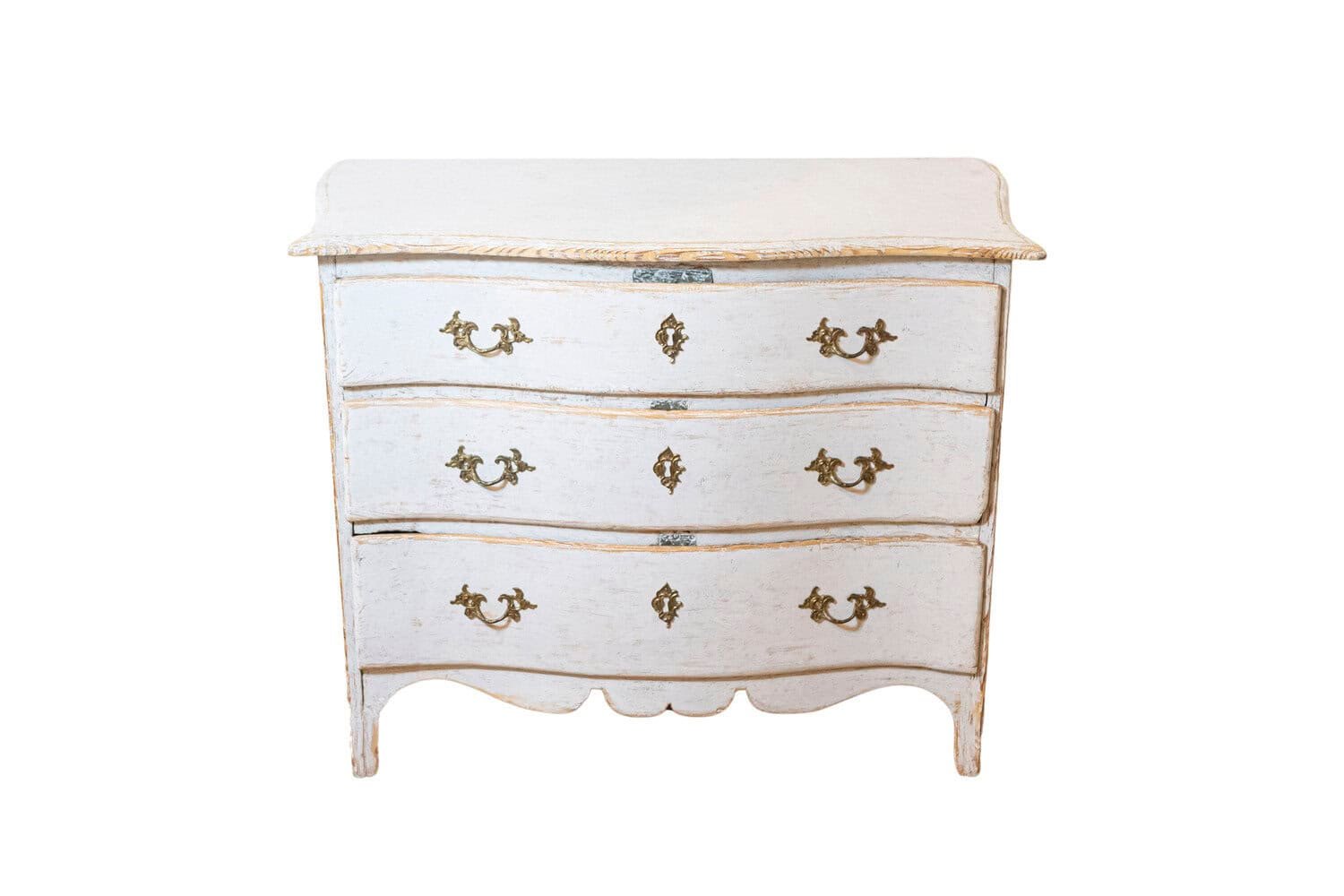 Rococo Period 1770s Swedish Gray Cream Painted and Carved Three-Drawer Commode