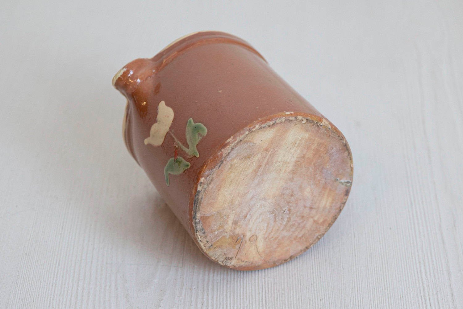 French 19th Century Redware Pitcher with White Flower Decor - JAA