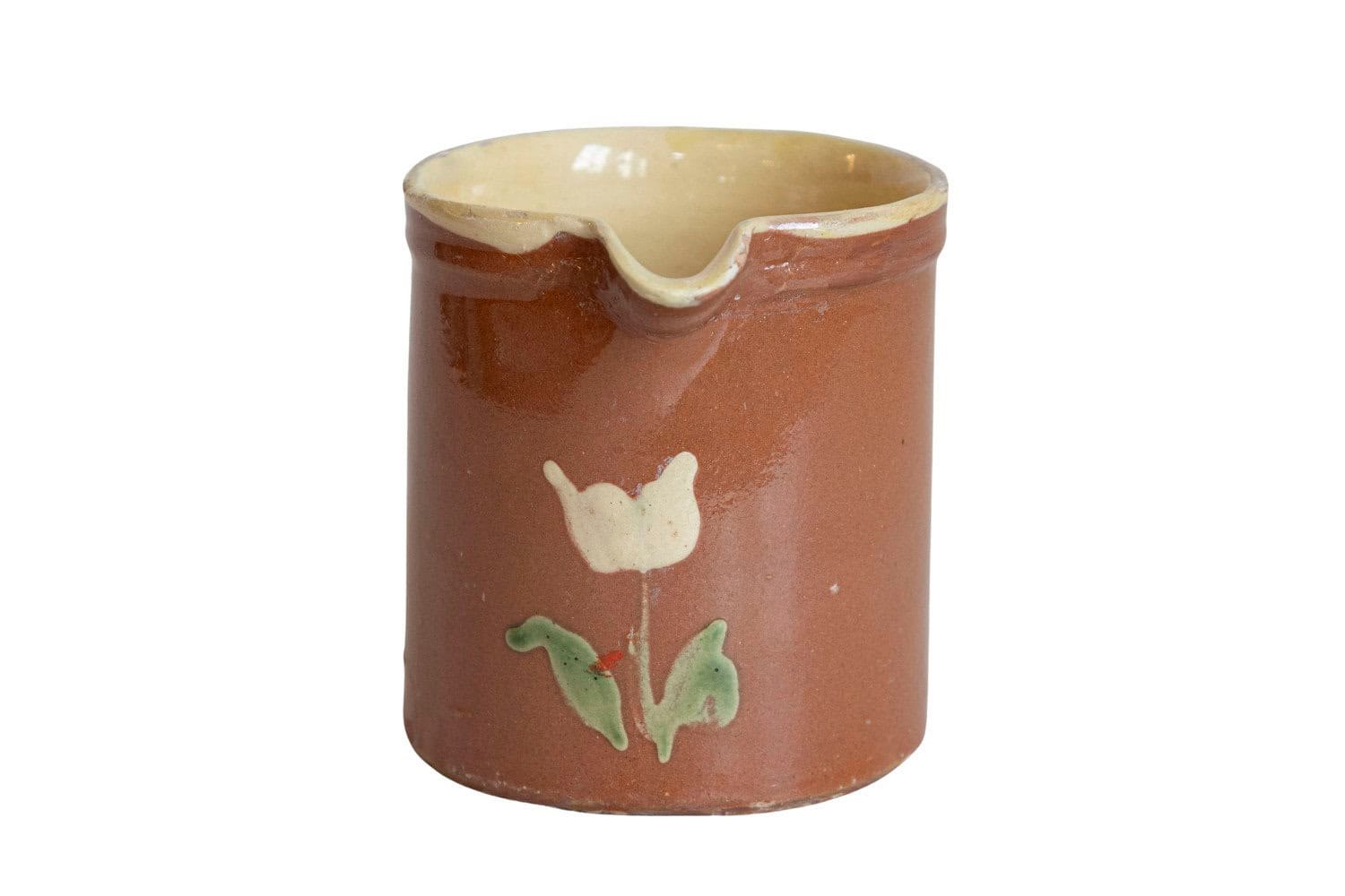 French 19th Century Redware Pitcher with White Flower Decor - JAA