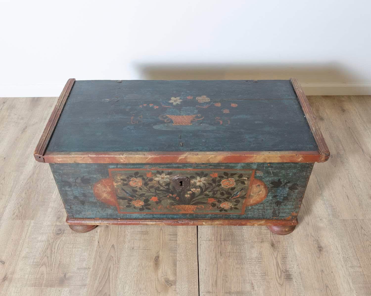 Alpine 19th Century Folk Art Painted Chest with Floral Motifs, Dated 1835 - JAA