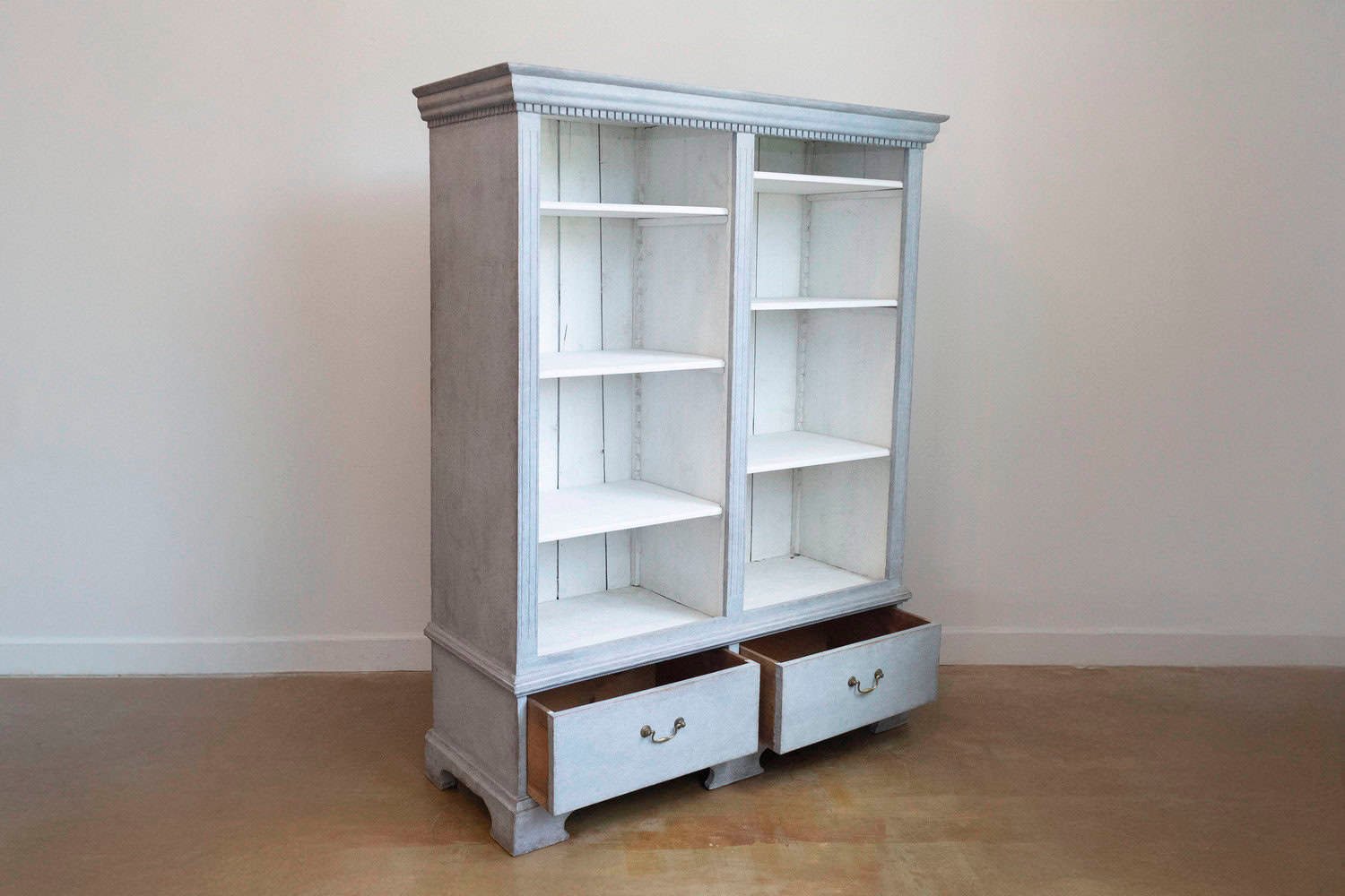 Swedish 1850s Gray Painted Bookcase with Open Shelves and Two Drawers - JAA