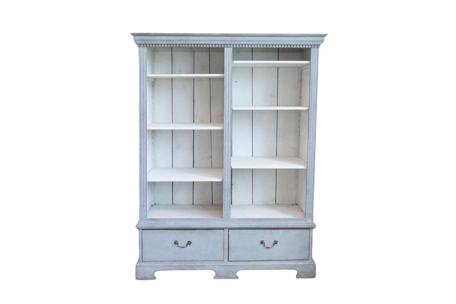 Swedish 1850s Gray Painted Bookcase with Open Shelves and Two Drawers - JAA