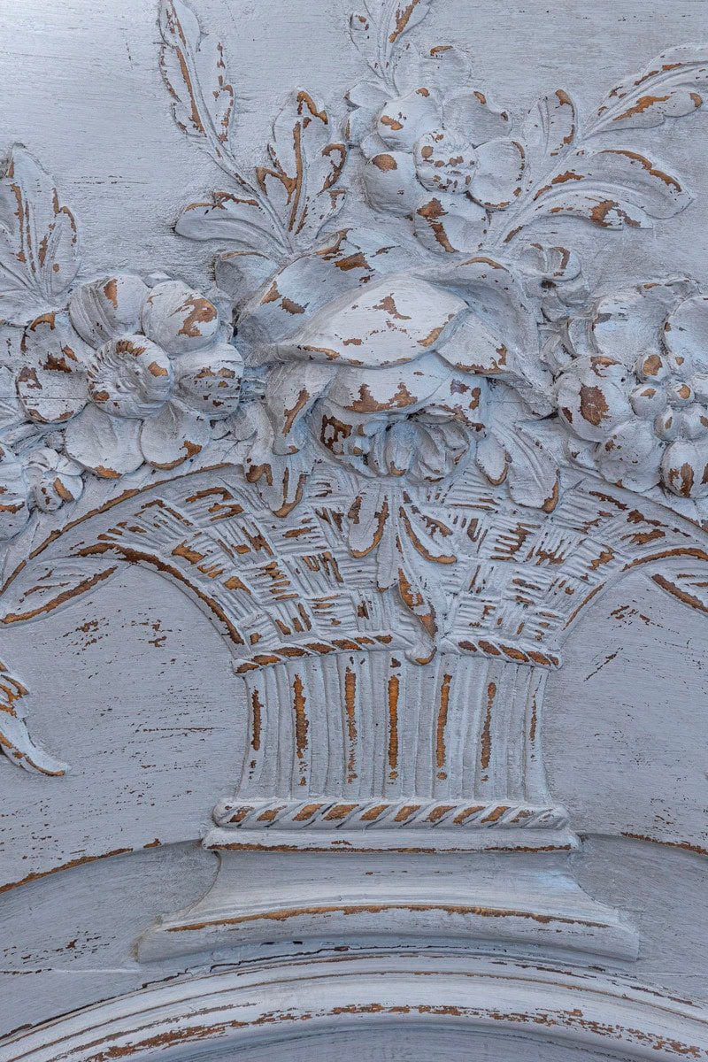 French Louis XV Style Grey Painted Trumeau Mirror with Carved Floral Decor - JAA