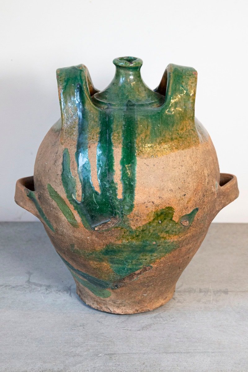 French Provincial 19th Century Green Glazed Pottery Jug with Dual Handles - JAA
