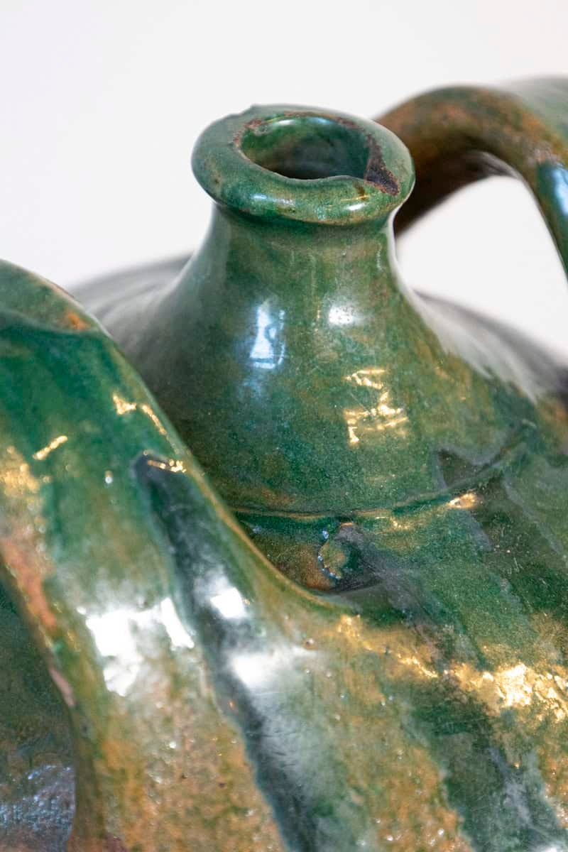 French Provincial 19th Century Green Glazed Pottery Jug with Dual Handles - JAA
