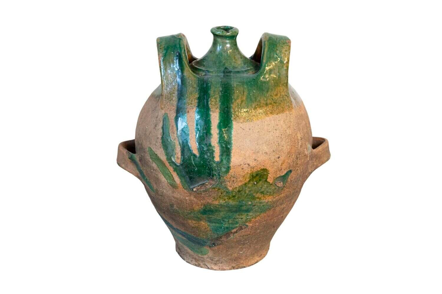 French Provincial 19th Century Green Glazed Pottery Jug with Dual