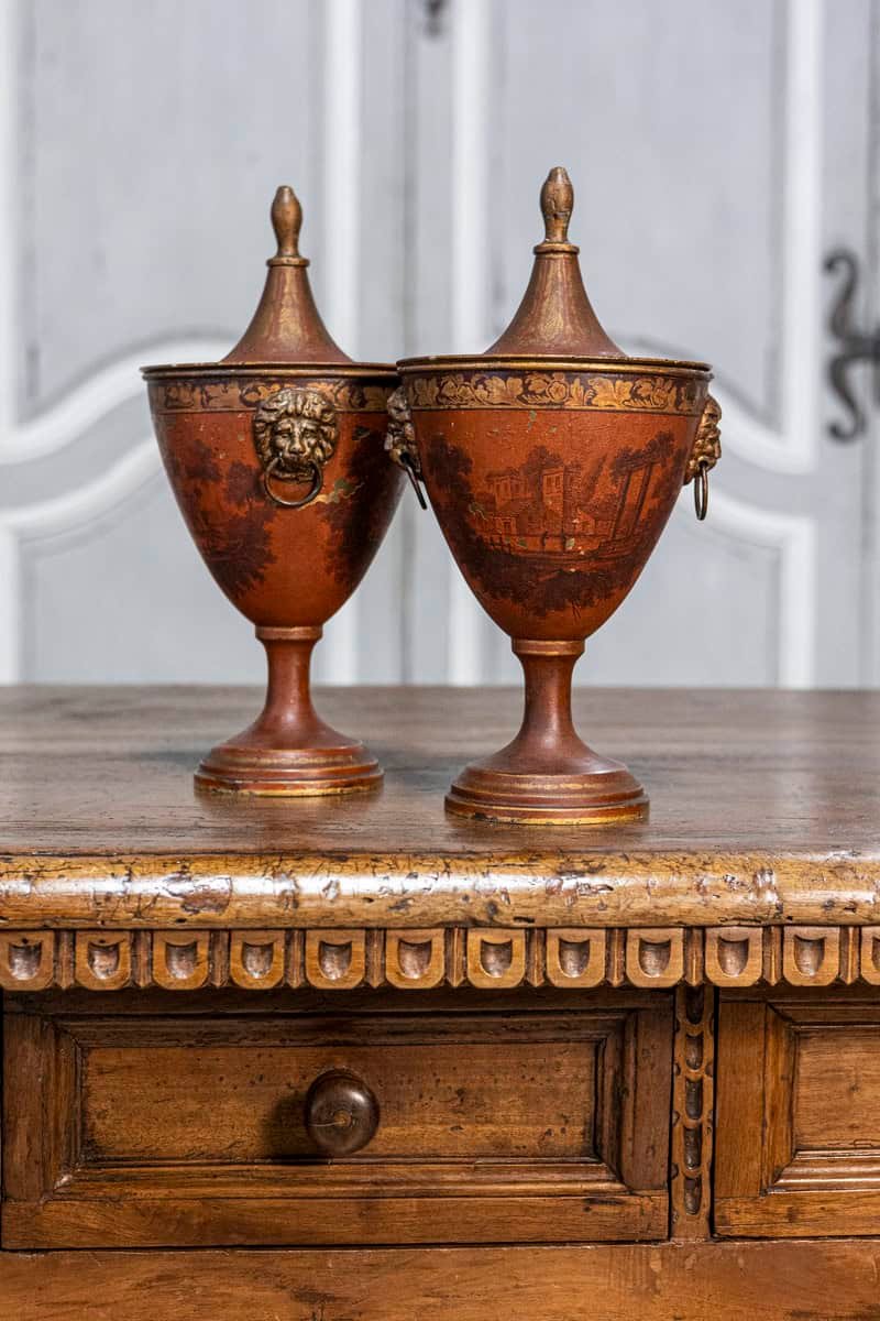 Pair of 19th Century Italian Napoleon III Lacquered Tin Vases with Lids - JAA