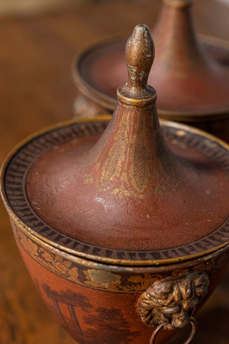 Pair of 19th Century Italian Napoleon III Lacquered Tin Vases with Lids - JAA