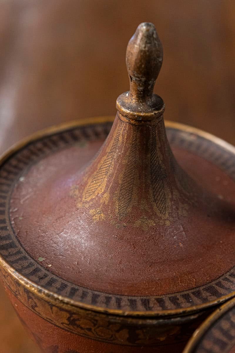 Pair of 19th Century Italian Napoleon III Lacquered Tin Vases with Lids - JAA