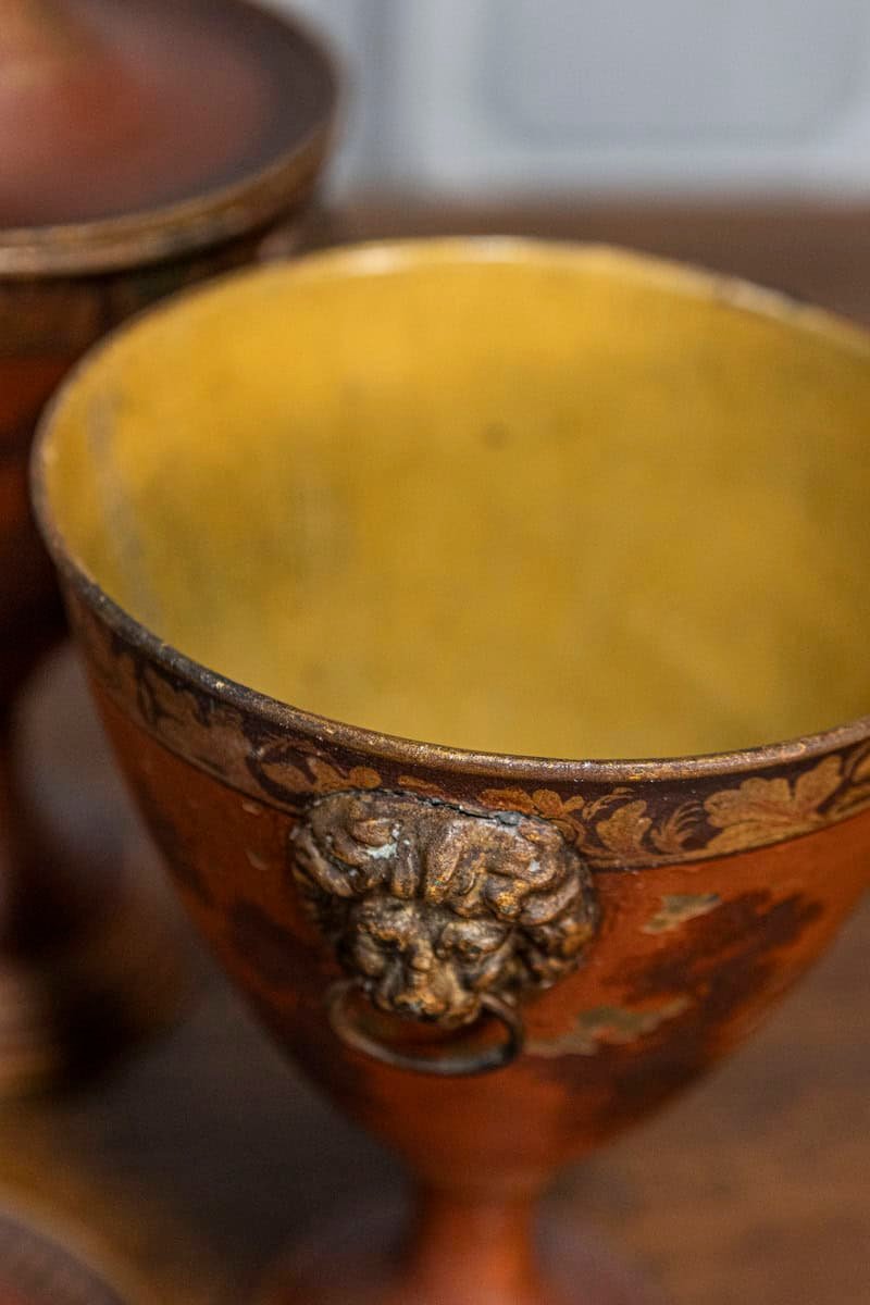 Pair of 19th Century Italian Napoleon III Lacquered Tin Vases with Lids - JAA