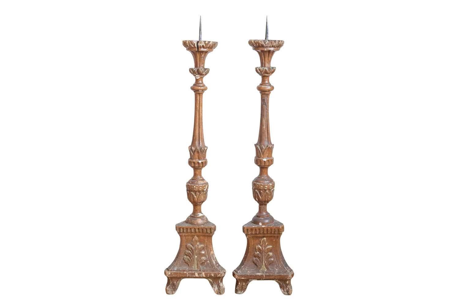 Pair of 1890s Grand Scale French Painted Candlesticks with Distressed Patina