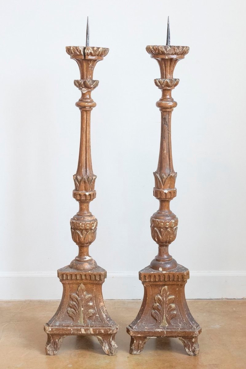 Pair of 1890s Grand Scale French Painted Candlesticks with Distressed Patina - JAA