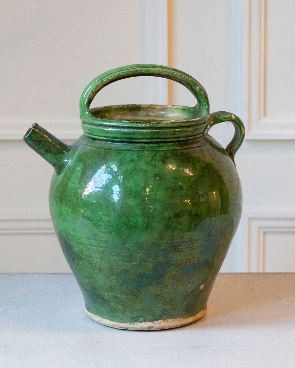 19th Century French Green-Glazed Terracotta Jug with Rustic Charm - JAA