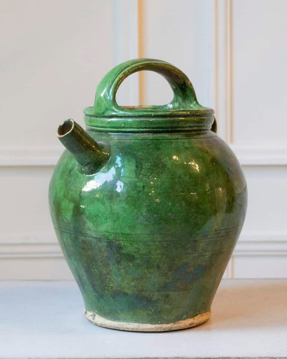 19th Century French Green-Glazed Terracotta Jug with Rustic Charm - JAA