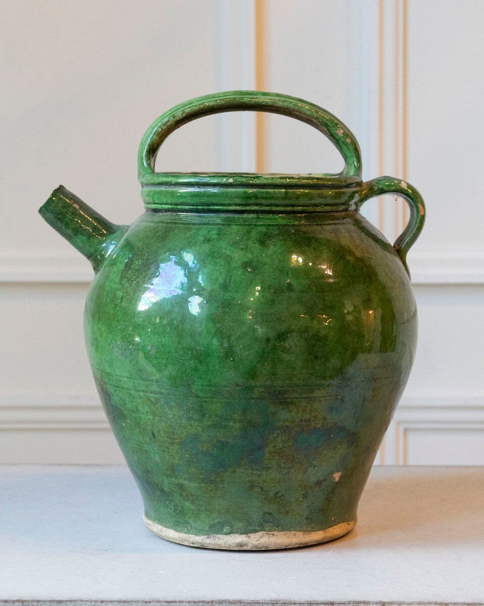 19th Century French Green-Glazed Terracotta Jug with Rustic Charm - JAA