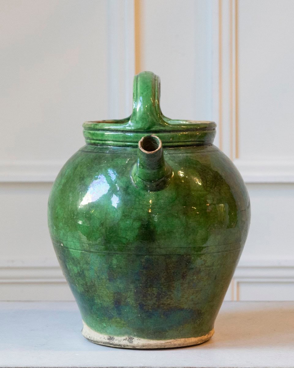 19th Century French Green-Glazed Terracotta Jug with Rustic Charm - JAA