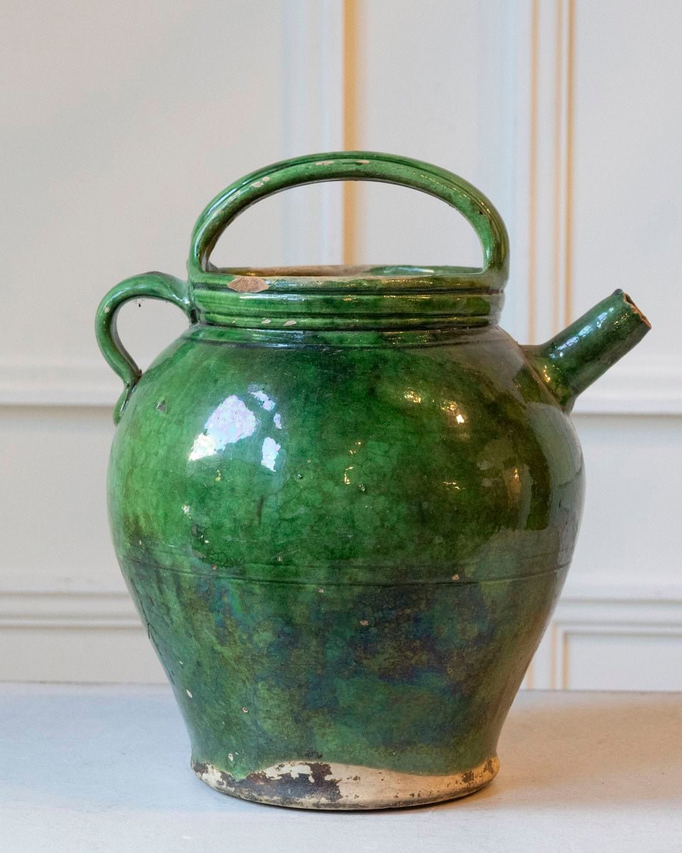 19th Century French Green-Glazed Terracotta Jug with Rustic Charm - JAA