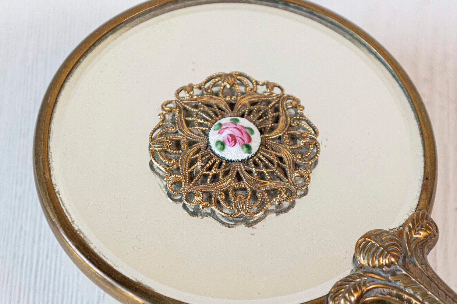 English 20th Century Mirrored Hair Brush with Brass Handle, Filigree Volute Décor and Painted Floral Medallion - JAA