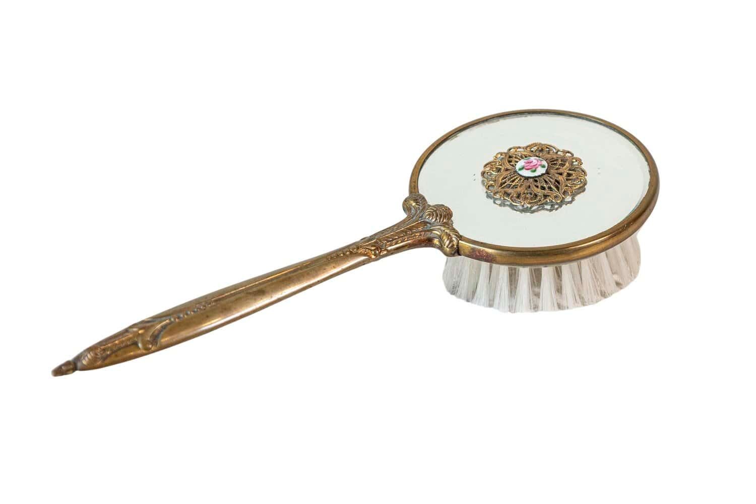 English 20th Century Mirrored Hair Brush with Brass Handle, Filigree Volute Décor and Painted Floral Medallion - JAA