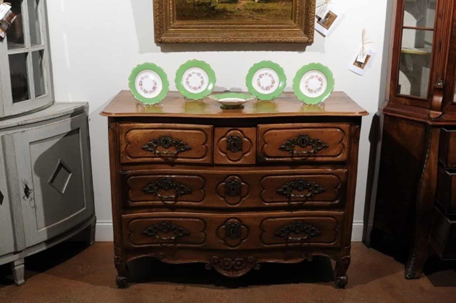 English 19th Century Ridgway Porcelain Dinner Plates and Compote with Green Rim and Floral Décor - JAA