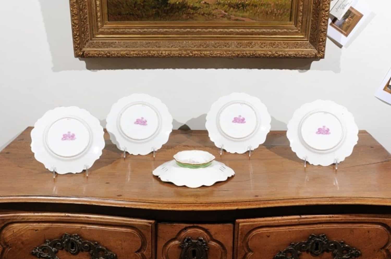 English 19th Century Ridgway Porcelain Dinner Plates and Compote with Green Rim and Floral Décor - JAA