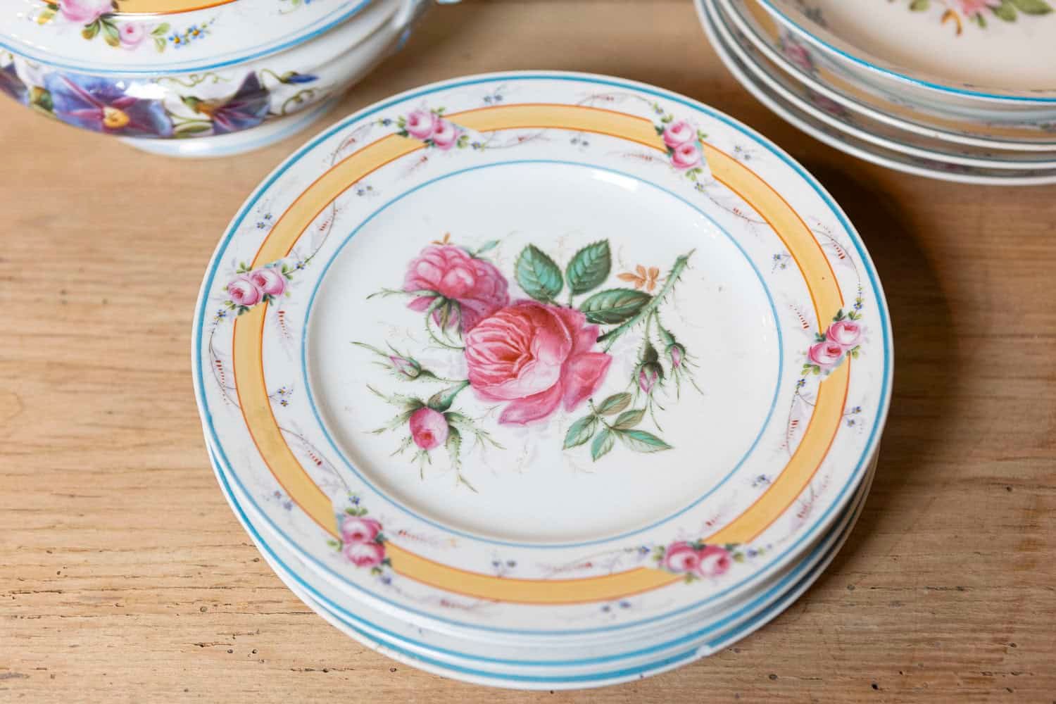 French Porcelaine de Paris 19th Century Floral Dish Set with Casserole and Plates - JAA