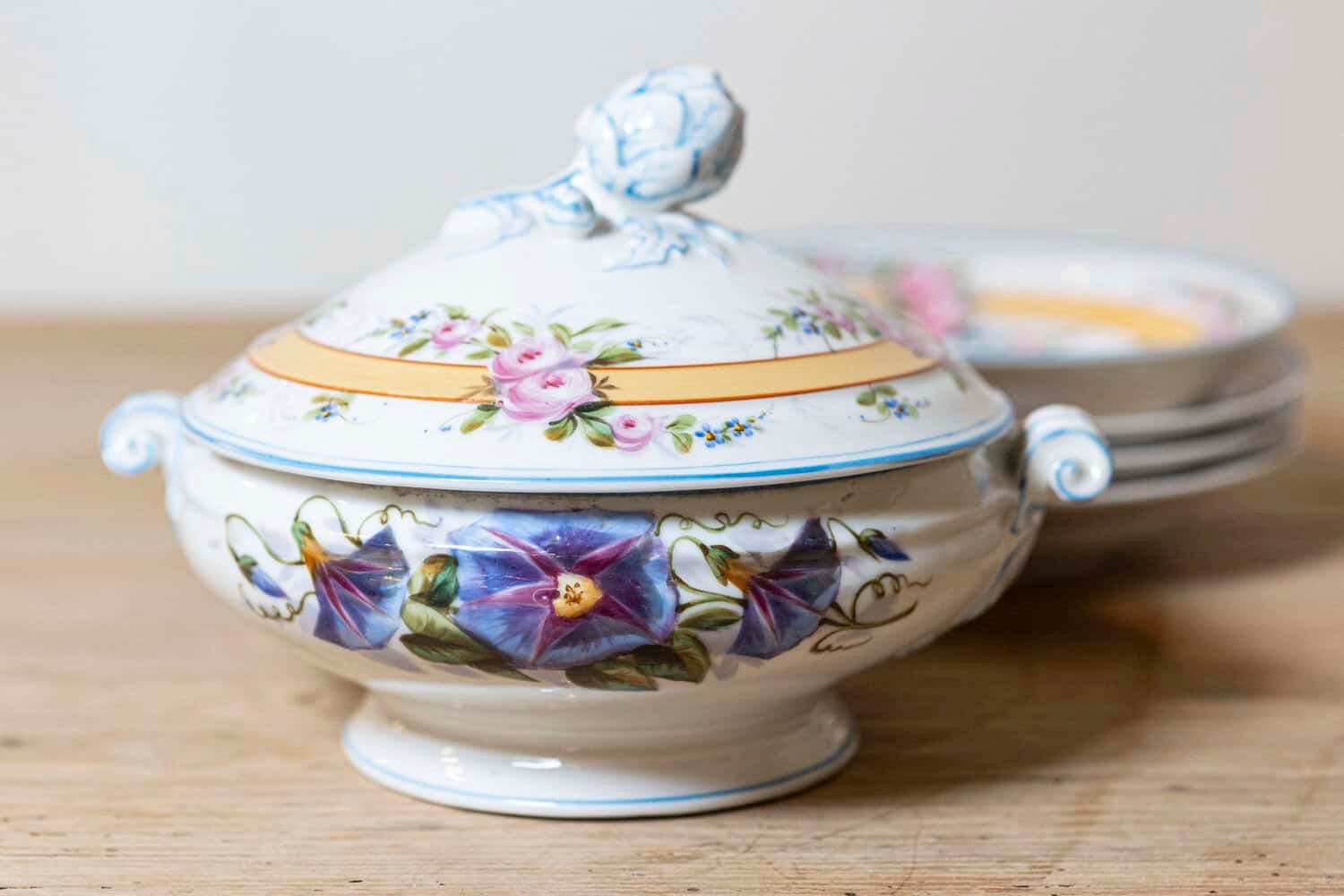 French Porcelaine de Paris 19th Century Floral Dish Set with Casserole and Plates - JAA