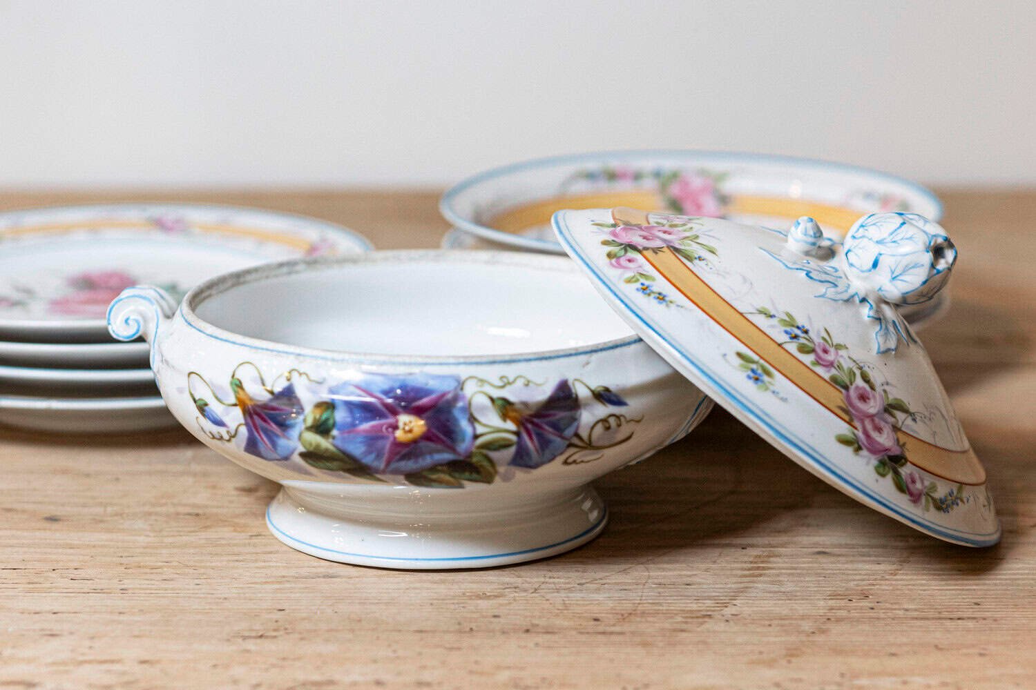French Porcelaine de Paris 19th Century Floral Dish Set with Casserole and Plates - JAA