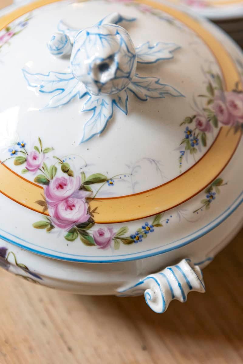 French Porcelaine de Paris 19th Century Floral Dish Set with Casserole and Plates - JAA