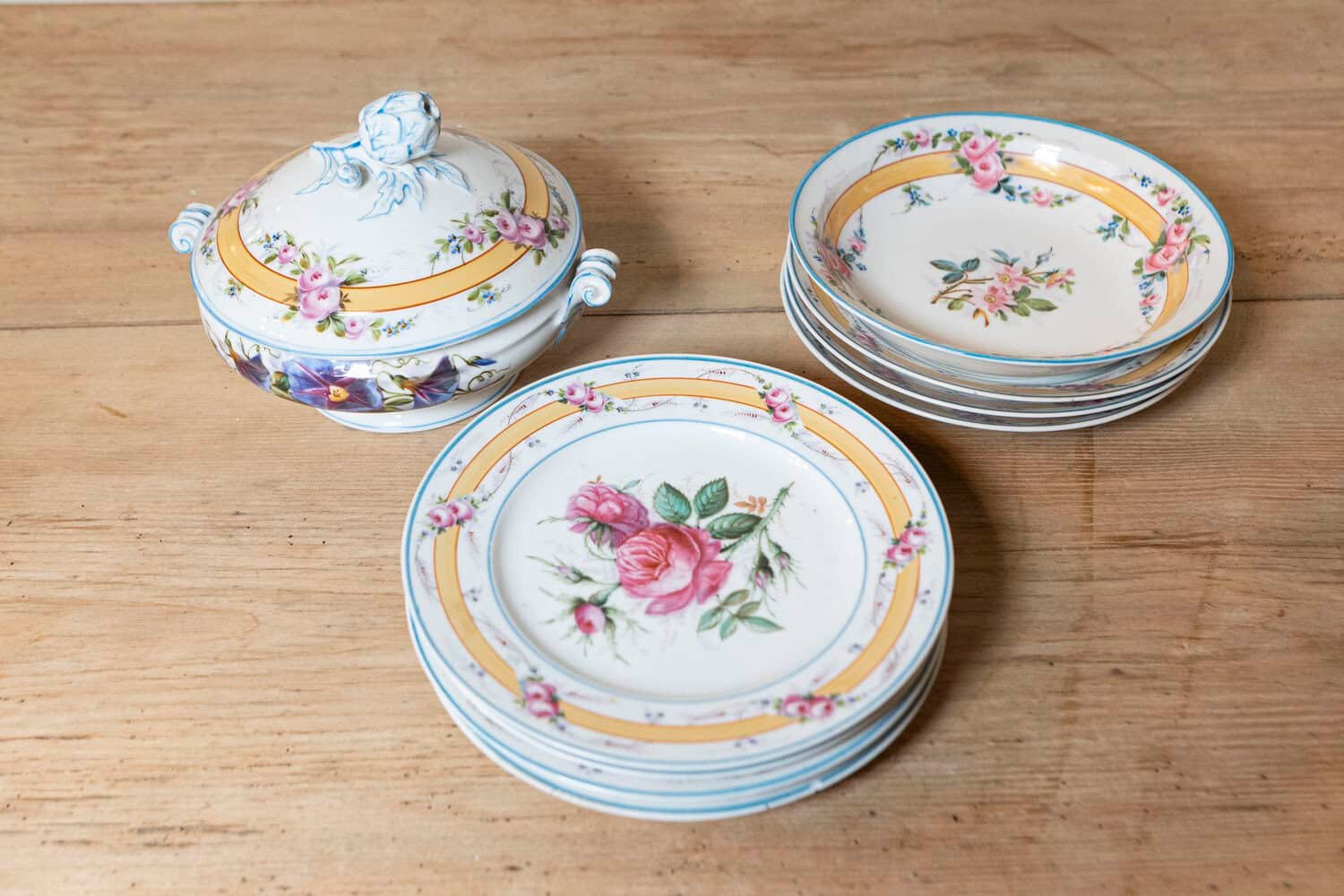 French Porcelaine de Paris 19th Century Floral Dish Set with Casserole and Plates - JAA