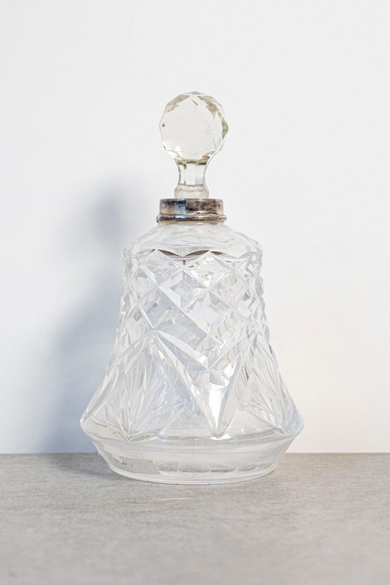 Small French 1920s Crystal Toiletry Bottle with Silver Neck and Diamond Motifs - JAA